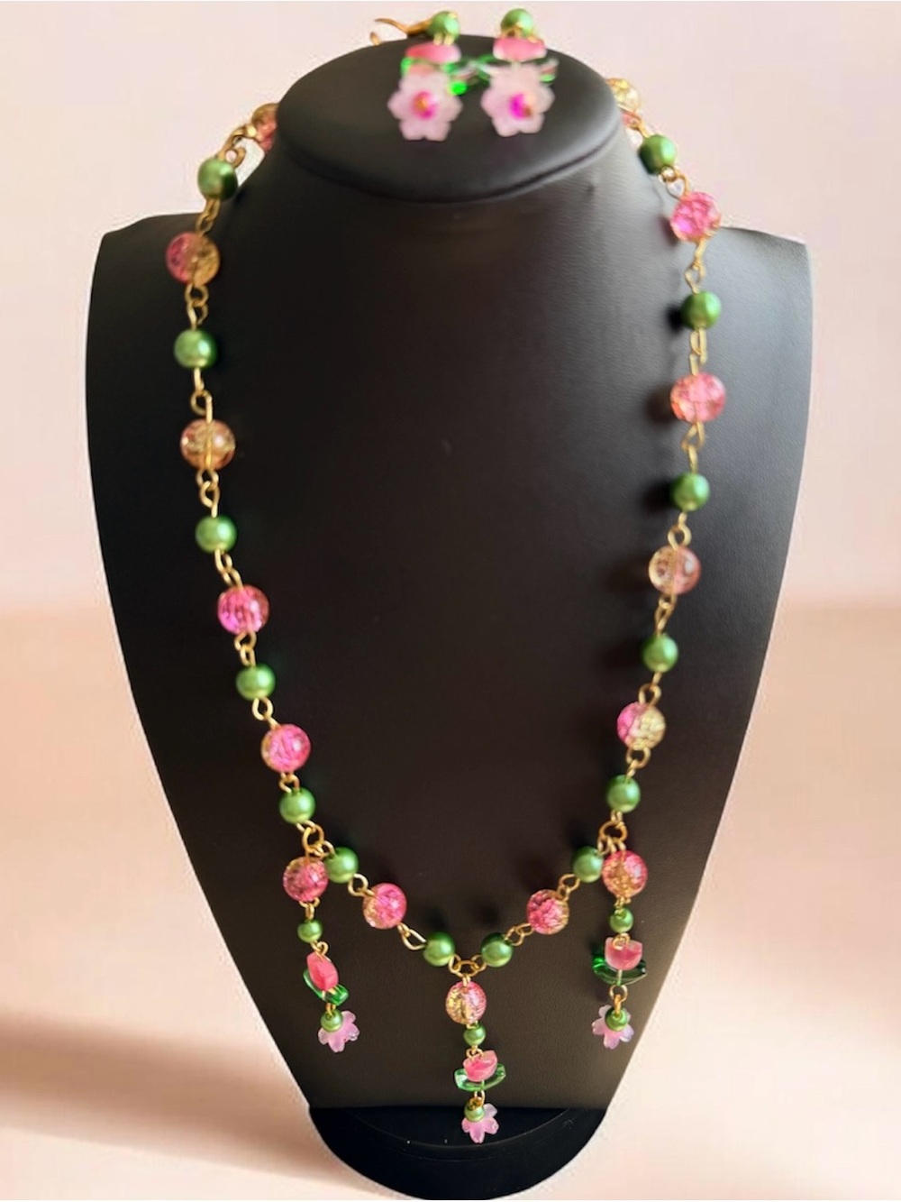 Handmade Pink and Green Beaded Floral Necklace and Earring Set